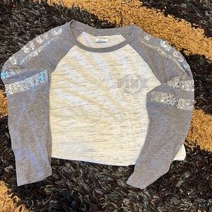 Victoria Secret Pink Baseball Style Logo Top 3/4 Sleeve Off White & Grey